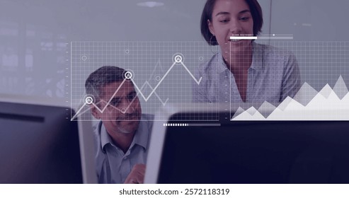 Image of financial data processing over diverse business people in office. Global finance, business, connections, computing and data processing concept digitally generated image.