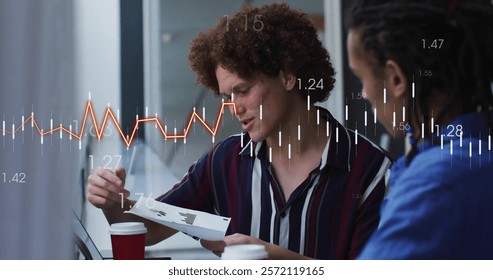 Image of financial data processing over diverse businesspeople in office. Global finance, business, connections, computing and data processing concept digitally generated image.