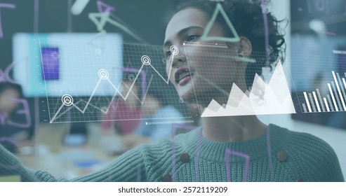 Image of financial data processing over biracial businesswoman in office. Global finance, business, connections, computing and data processing concept digitally generated image.