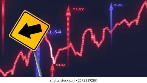 Image of financial data processing over arrow on yellow road sign. Global finance, business, connections and data processing concept digitally generated image. - Powered by Shutterstock - Get 15% off with code: PIKWIZARD15