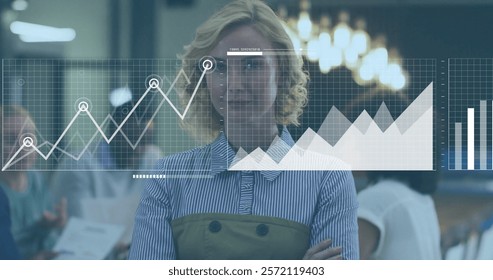 Image of financial data processing over caucasian businesswoman in office. Global finance, business, connections, computing and data processing concept digitally generated image.