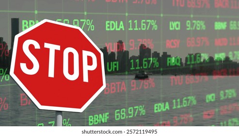 Image of financial data processing over stop road sign and city. Global finance, business, connections and data processing concept digitally generated image. - Powered by Shutterstock - Get 15% off with code: PIKWIZARD15