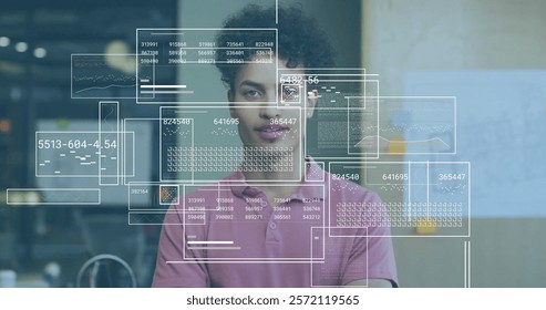 Image of financial data processing over biracial businessman in office. Global finance, business, connections, computing and data processing concept digitally generated image.