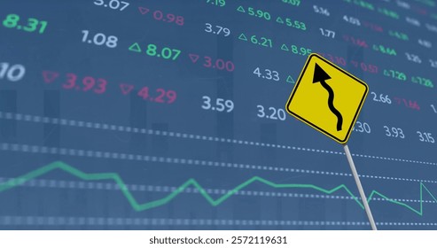 Image of financial data processing over arrow on yellow road sign. Global finance, business, connections and data processing concept digitally generated image. - Powered by Shutterstock - Get 15% off with code: PIKWIZARD15