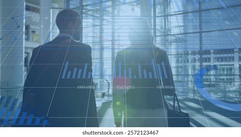 Image of financial data processing over diverse business people. Global business, connections, computing and data processing concept digitally generated image.