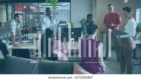 Image of financial data processing over diverse business people in office. Global finance, business, connections, computing and data processing concept digitally generated image. - Powered by Shutterstock - Get 15% off with code: PIKWIZARD15