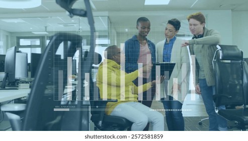 Image of financial data processing over diverse business people in office. Global finance, business, connections, computing and data processing concept digitally generated image.