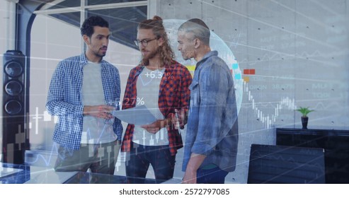 Image of financial data processing over diverse business people in office. Global finance, business, connections, computing and data processing concept digitally generated image.
