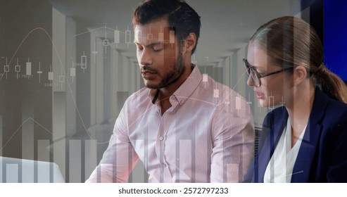 Image of financial data processing over diverse business people in office. Global finance, business, connections, computing and data processing concept digitally generated image. - Powered by Shutterstock - Get 15% off with code: PIKWIZARD15