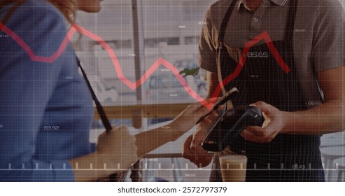 Image of financial data processing over diverse people paying with smartphone. Global business, finances, computing and digital interface concept digitally generated image.
