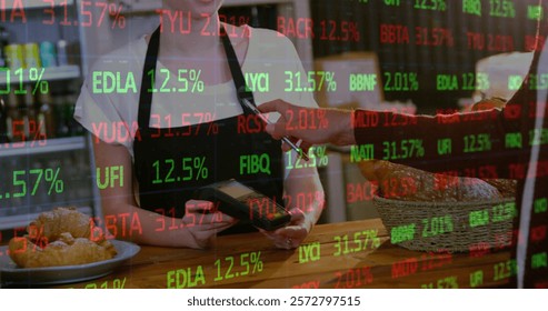 Image of financial data processing over diverse people paying with smartphone. Global business, finances, computing and digital interface concept digitally generated image.