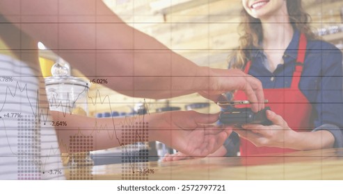 Image of financial data processing over diverse people paying with smartphone. Global business, finances, computing and digital interface concept digitally generated image.
