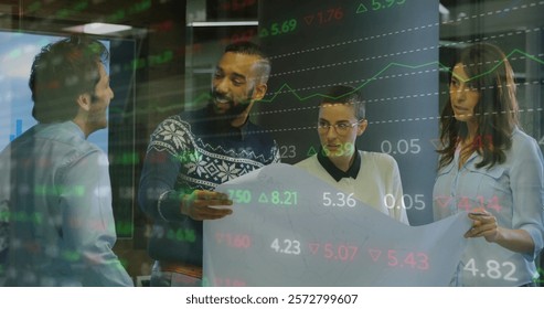 Image of financial data processing over diverse business people in office. Global finance, business, connections, computing and data processing concept digitally generated image. - Powered by Shutterstock - Get 15% off with code: PIKWIZARD15