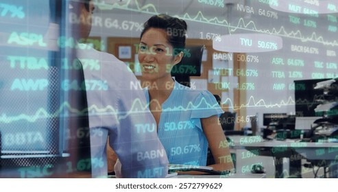 Image of financial data processing over diverse business people in office. Global finance, business, connections, computing and data processing concept digitally generated image.