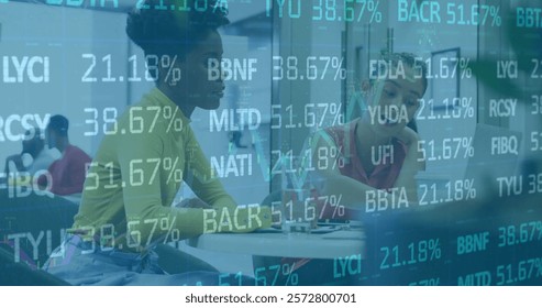 Image of financial data processing over diverse business people in office. Global finance, business, connections, computing and data processing concept digitally generated image. - Powered by Shutterstock - Get 15% off with code: PIKWIZARD15