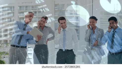 Image of financial data processing over diverse business people in office. Global finance, business, connections, computing and data processing concept digitally generated image.