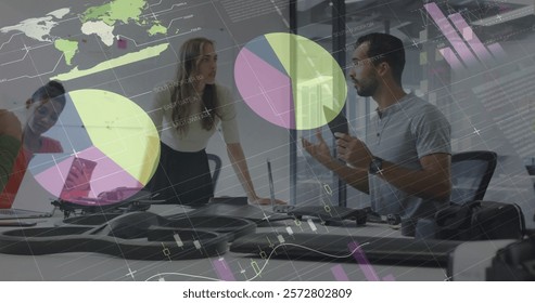 Image of financial data processing over diverse business people in office. Global finance, business, connections, computing and data processing concept digitally generated image.