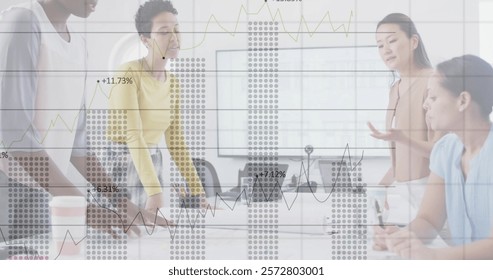 Image of financial data processing over diverse business people in office. Global finance, business, connections, computing and data processing concept digitally generated image.