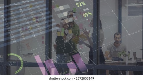 Image of financial data processing over diverse business people in office. Global finance, business, connections, computing and data processing concept digitally generated image.