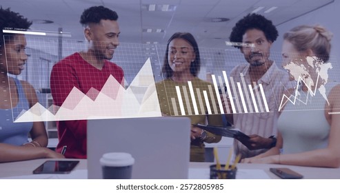 Image of financial data processing over diverse colleagues having meeting in office. Global business, finances, computing and digital interface concept digitally generated image.