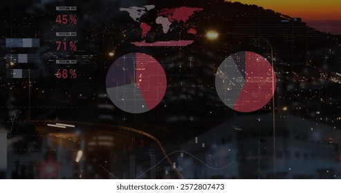 Image of financial data processing over cityscape. Global finance, business, connections, computing and data processing concept digitally generated image.