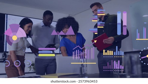 Image of financial data processing over diverse colleagues having meeting in office. Global business, finances, computing and digital interface concept digitally generated image.