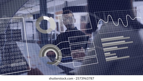 Image of financial data processing over diverse colleagues working in office. Global business, finances, computing and digital interface concept digitally generated image.