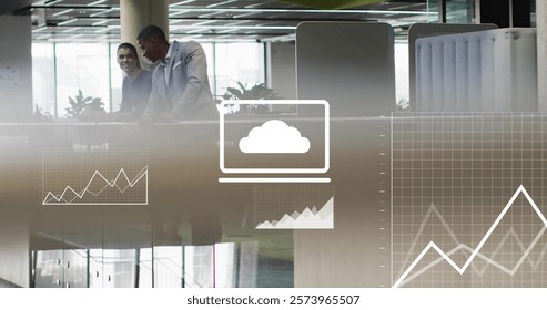 Image of financial data processing over diverse business people in office. Global finance, business, connections, computing and data processing concept digitally generated image.