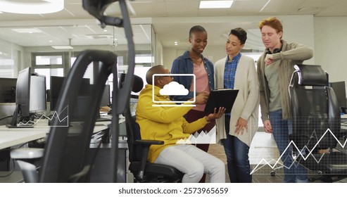 Image of financial data processing over diverse business people in office. Global finance, business, connections, computing and data processing concept digitally generated image.