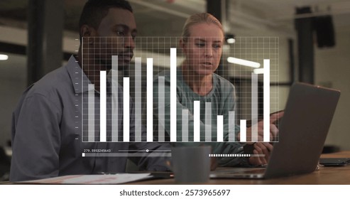 Image of financial data processing over diverse business people in office. Global finance, business, connections, computing and data processing concept digitally generated image.