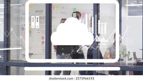 Image of financial data processing over diverse business people in office. Global finance, business, connections, computing and data processing concept digitally generated image.