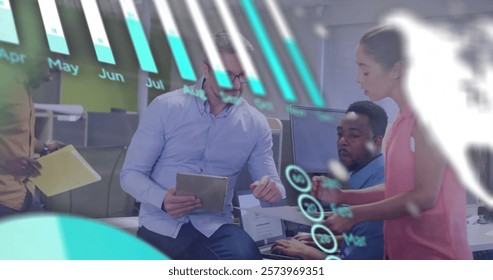 Image of financial data processing over diverse colleagues discussing work in office. Global business, finances, computing and digital interface concept digitally generated image.