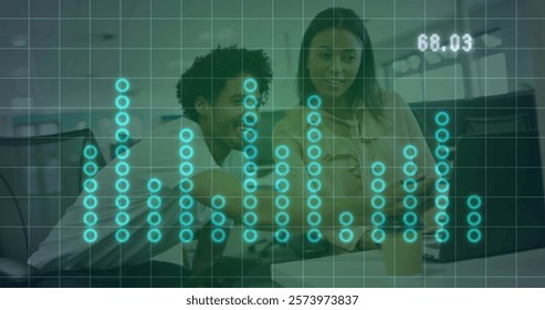 Image of financial data processing over diverse colleagues discussing work in office. Global business, finances, computing and digital interface concept digitally generated image. - Powered by Shutterstock - Get 15% off with code: PIKWIZARD15