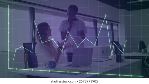 Image of financial data processing over diverse colleagues discussing work in office. Global business, finances, computing and digital interface concept digitally generated image.
