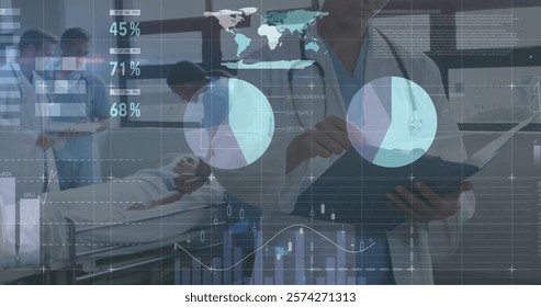 Image of financial data processing over diverse doctors and female patient. Global medicine, healthcare, finances and digital interface concept digitally generated image.