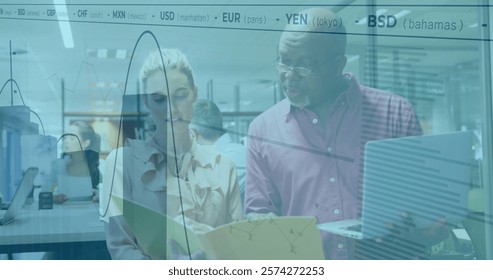 Image of financial data processing over diverse colleagues discussing work in office. Global business, finances, computing and digital interface concept digitally generated image.