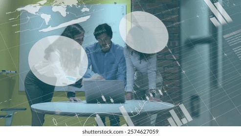 Image of financial data processing over diverse business people in office. Global finance, business, connections, computing and data processing concept digitally generated image.
