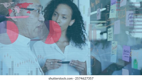 Image of financial data processing over diverse business people in office. Global finance, business, connections, computing and data processing concept digitally generated image.