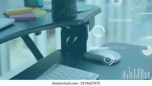 Image of financial data processing over desk with computer in office. Global finance, business, connections, computing and data processing concept digitally generated image.