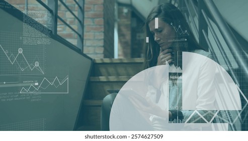 Image of financial data processing over caucasian businesswoman in office. Global finance, business, connections, computing and data processing concept digitally generated image.