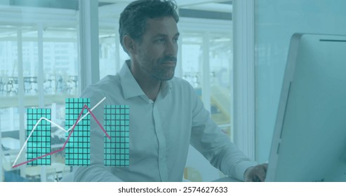 Image of financial data processing over caucasian businessman in office. Global finance, business, connections, computing and data processing concept digitally generated image.
