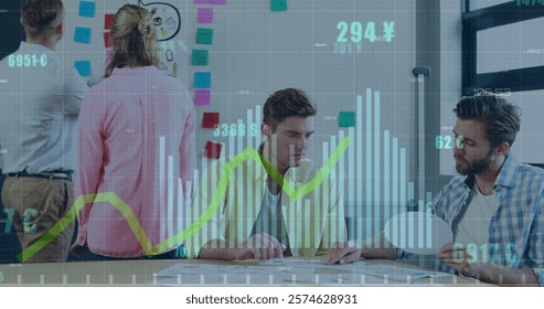 Image of financial data processing over diverse business people in office. Global finance, business, connections, computing and data processing concept digitally generated image.