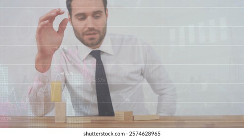 Image of financial data processing over caucasian businessman in office. Global finance, business, connections, computing and data processing concept digitally generated image.