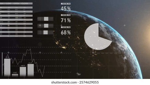 Image of financial data processing over globe. global, business, connections, computing and data processing concept digitally generated image.