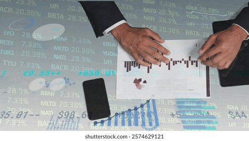 Image of financial data processing over caucasian businessman. global business, connections, computing and data processing concept digitally generated image.