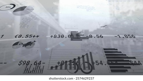 Image of financial data processing over cityscape. business, connections, computing and data processing concept digitally generated image.