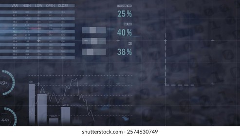 Image of financial data processing over cityscape. Global finance, business, connections, computing and data processing concept digitally generated image.
