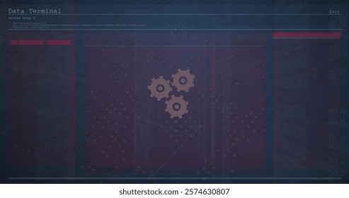 Image of financial data processing over of icons of gear. global finance, business, connections, computing and data processing concept digitally generated image.