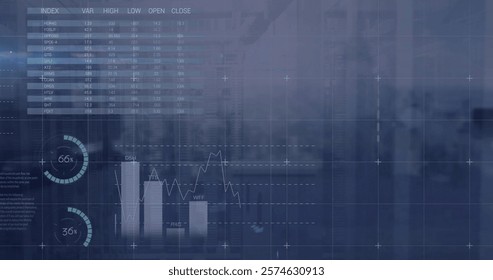 Image of financial data processing over cityscape. Global finance, business, connections, computing and data processing concept digitally generated image. - Powered by Shutterstock - Get 15% off with code: PIKWIZARD15