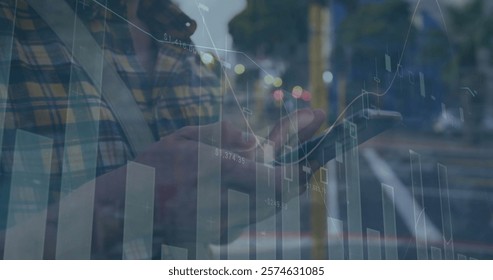 Image of financial data processing over caucasian man using smartphone. Global business, finances, computing and data processing concept digitally generated image.